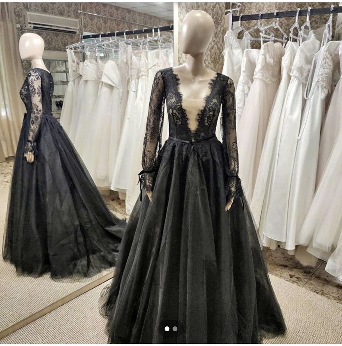 Size 14 Plunge Lace Black Ball Gown on Queenly