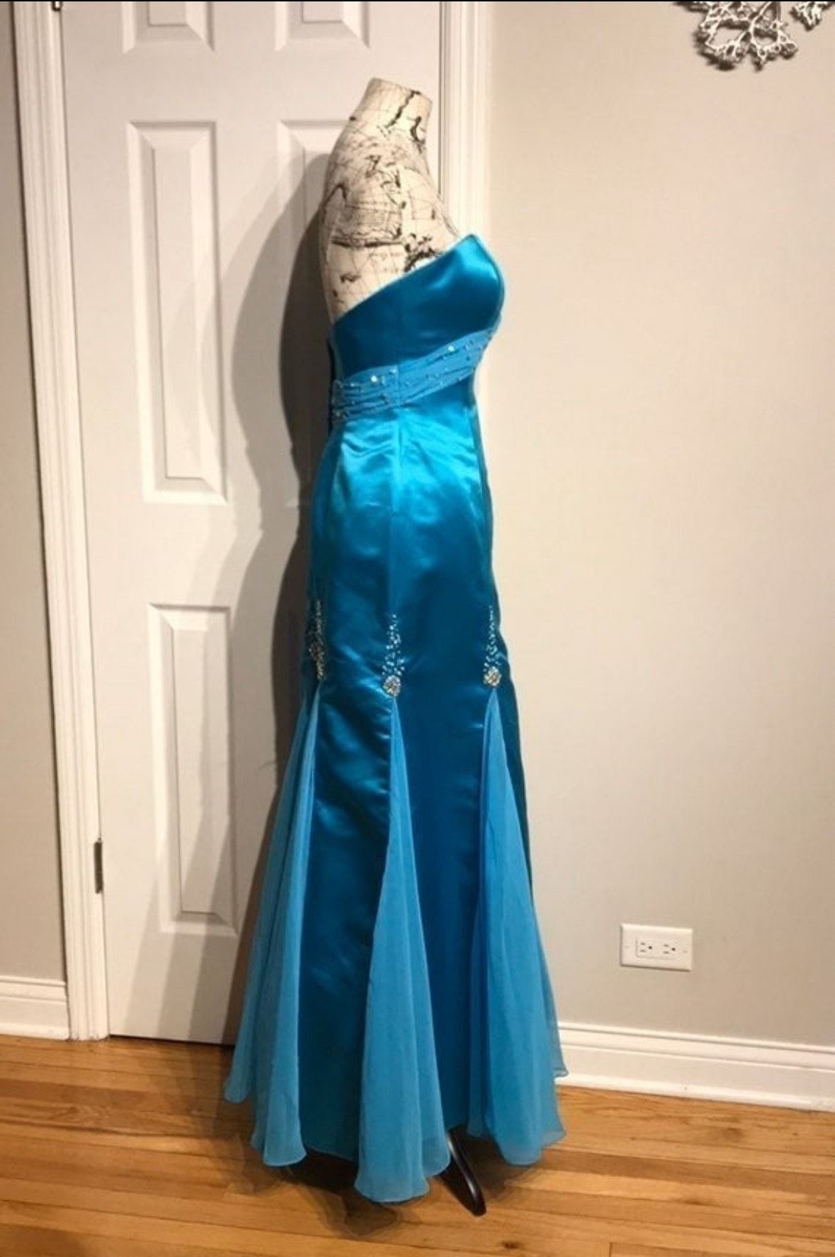 Fire & Ice Size S Prom Strapless Sequined Turquoise Blue Mermaid Dress on Queenly