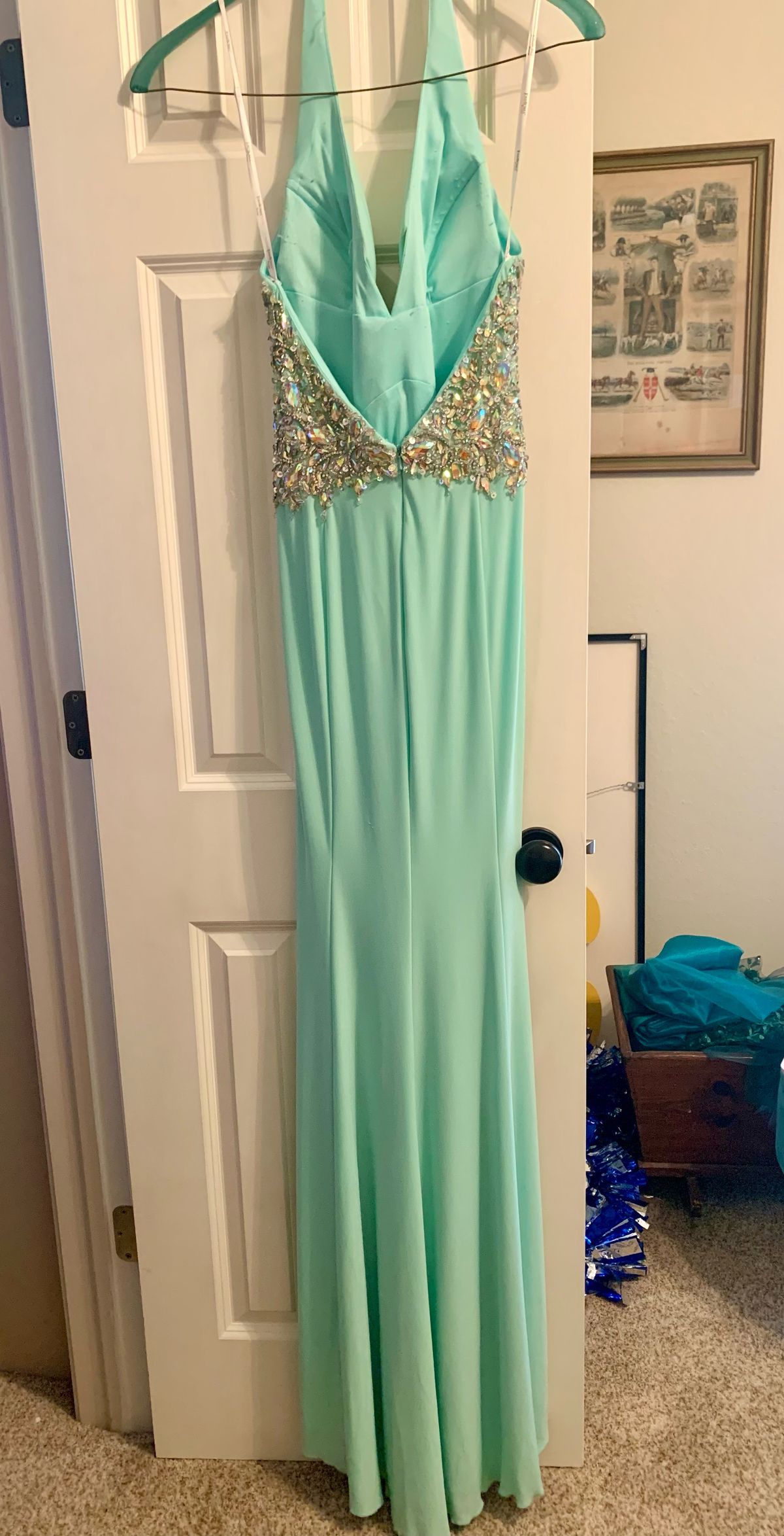 Tony Bowls Size 6 Prom Halter Sequined Light Blue Side Slit Dress on Queenly