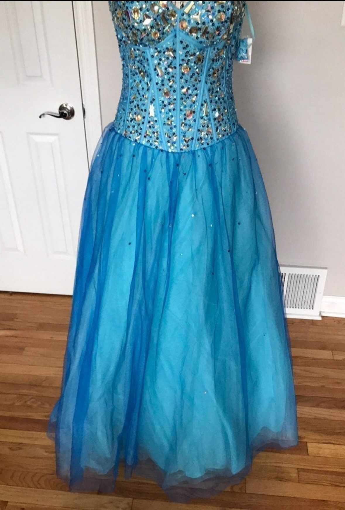 Ice & Fire Size 12 Prom Strapless Sequined Turquoise Blue Ball Gown on Queenly