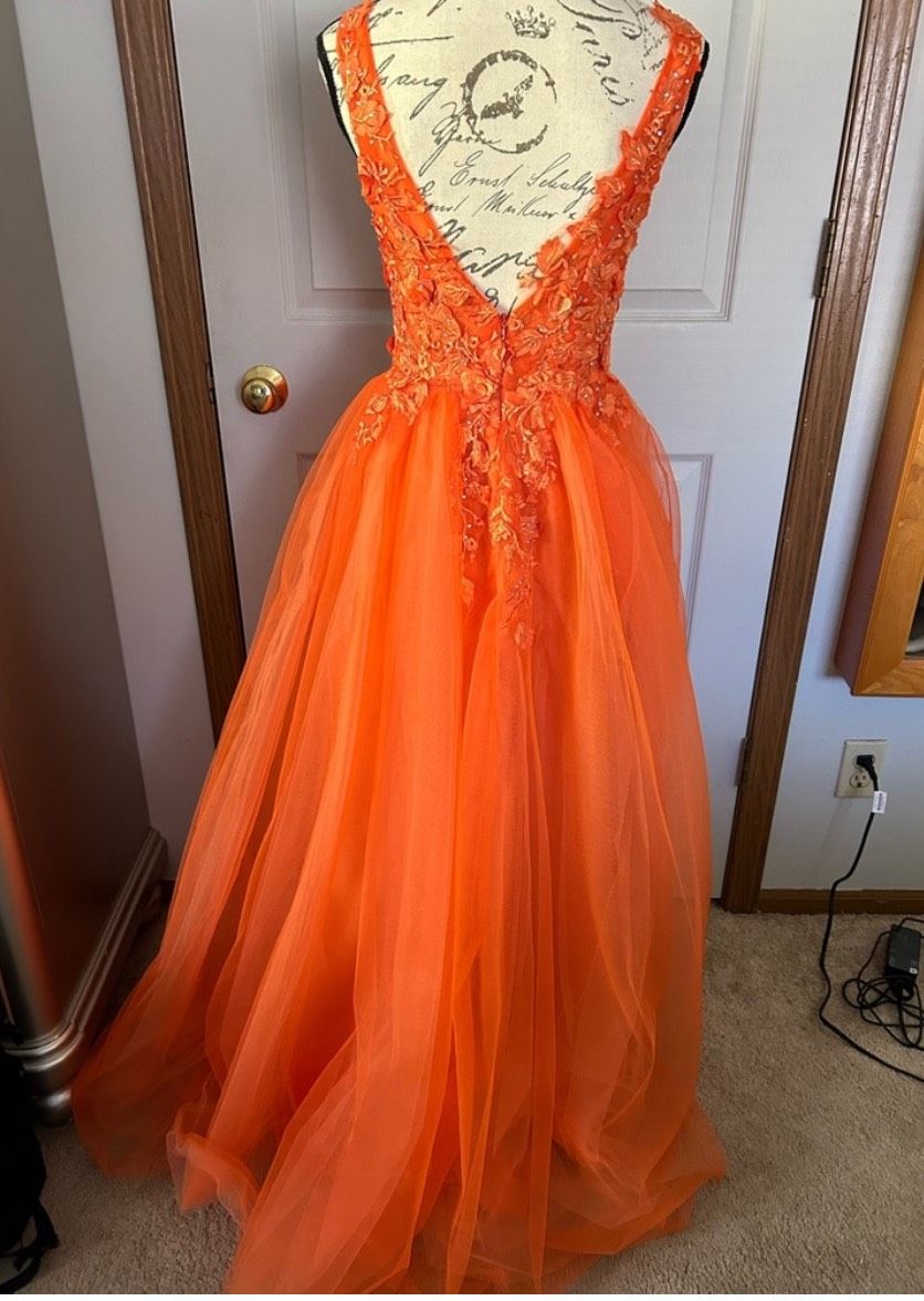 Size 4 Prom Plunge Orange Ball Gown on Queenly