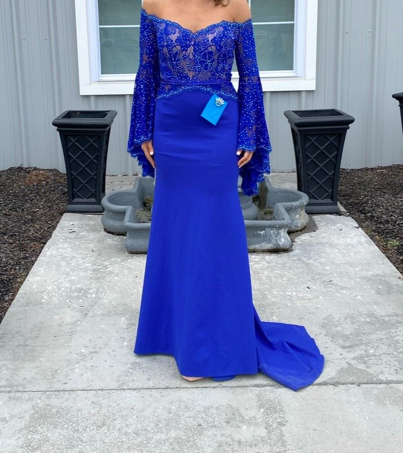 Johnathan Kayne Size 8 Prom Long Sleeve Blue A-line Dress on Queenly