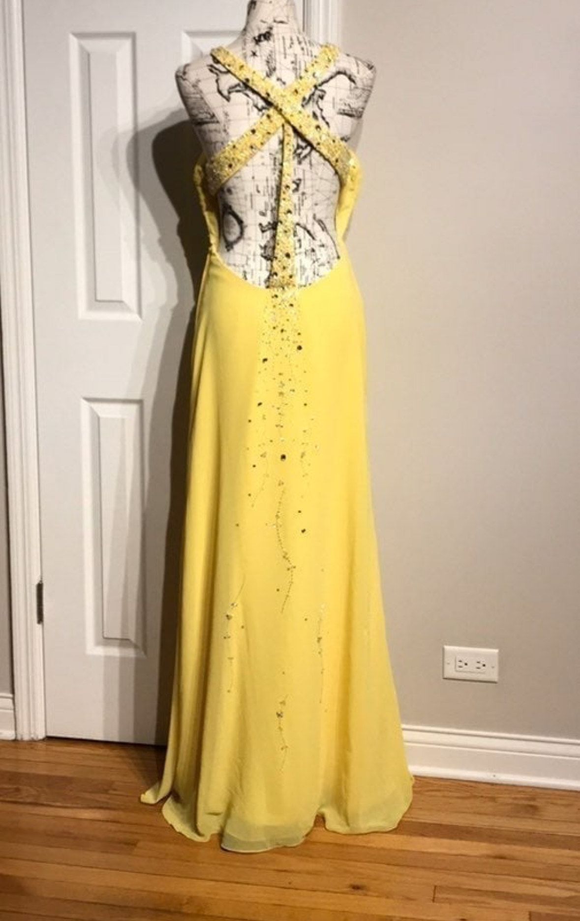 Fire & Ice Size L Prom Plunge Sequined Yellow A-line Dress on Queenly