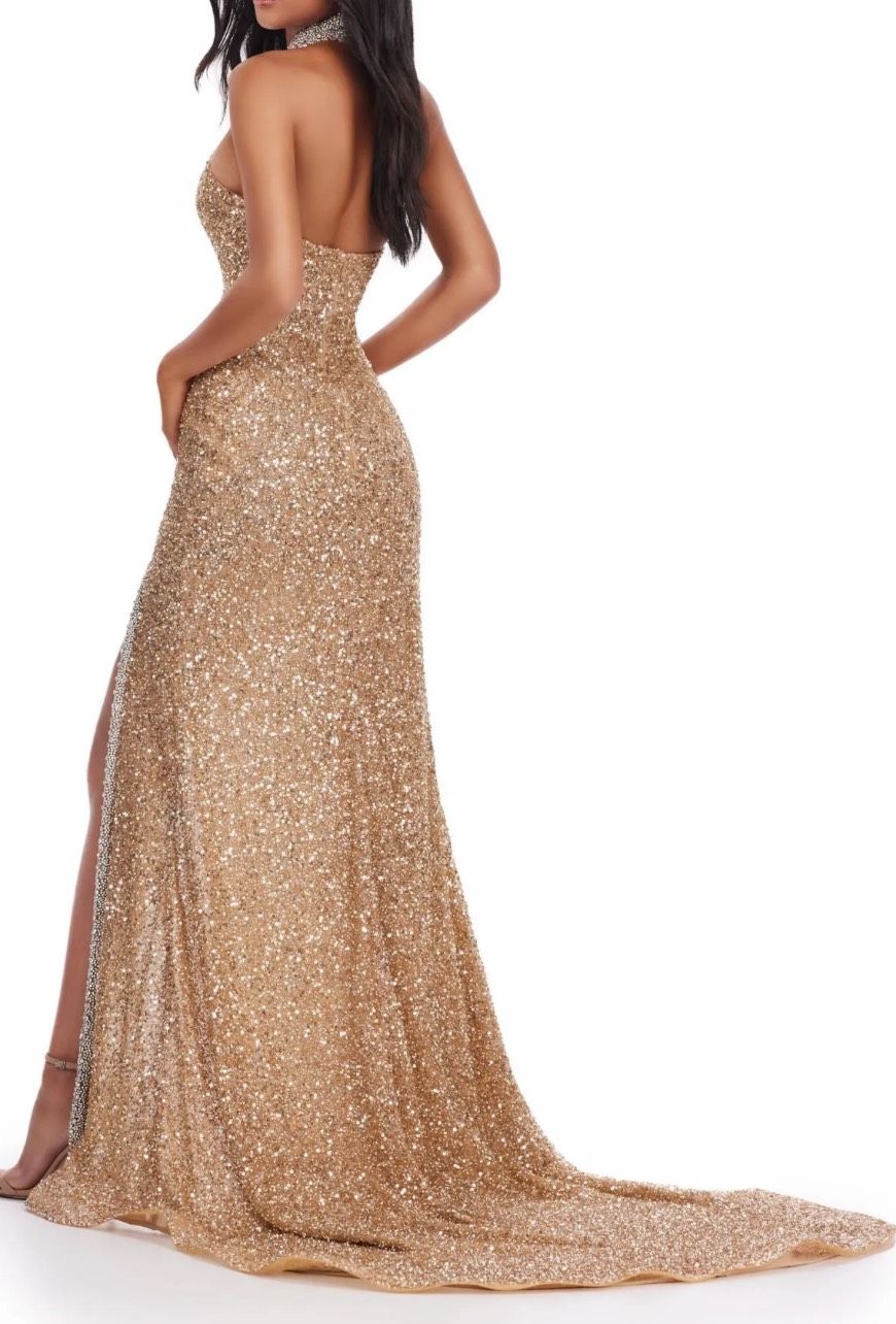 Style 11634 Ashley Lauren Size 4 Prom Halter Gold Side Slit Dress on Queenly