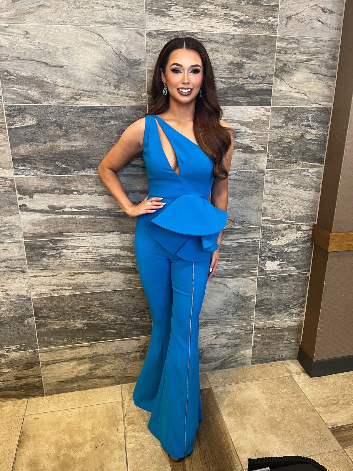 Jovani Size 4 Wedding Guest One Shoulder Blue Formal Jumpsuit on Queenly