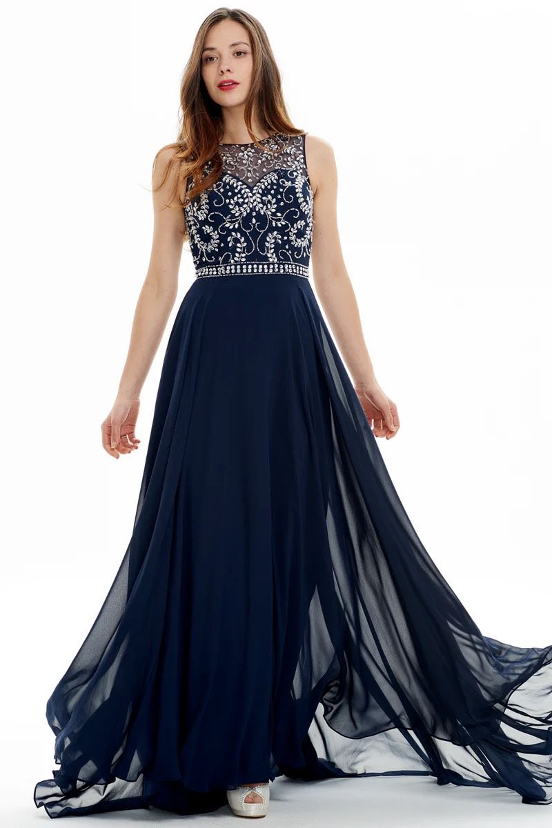 Plus Size 20 Prom High Neck Blue A-line Dress on Queenly