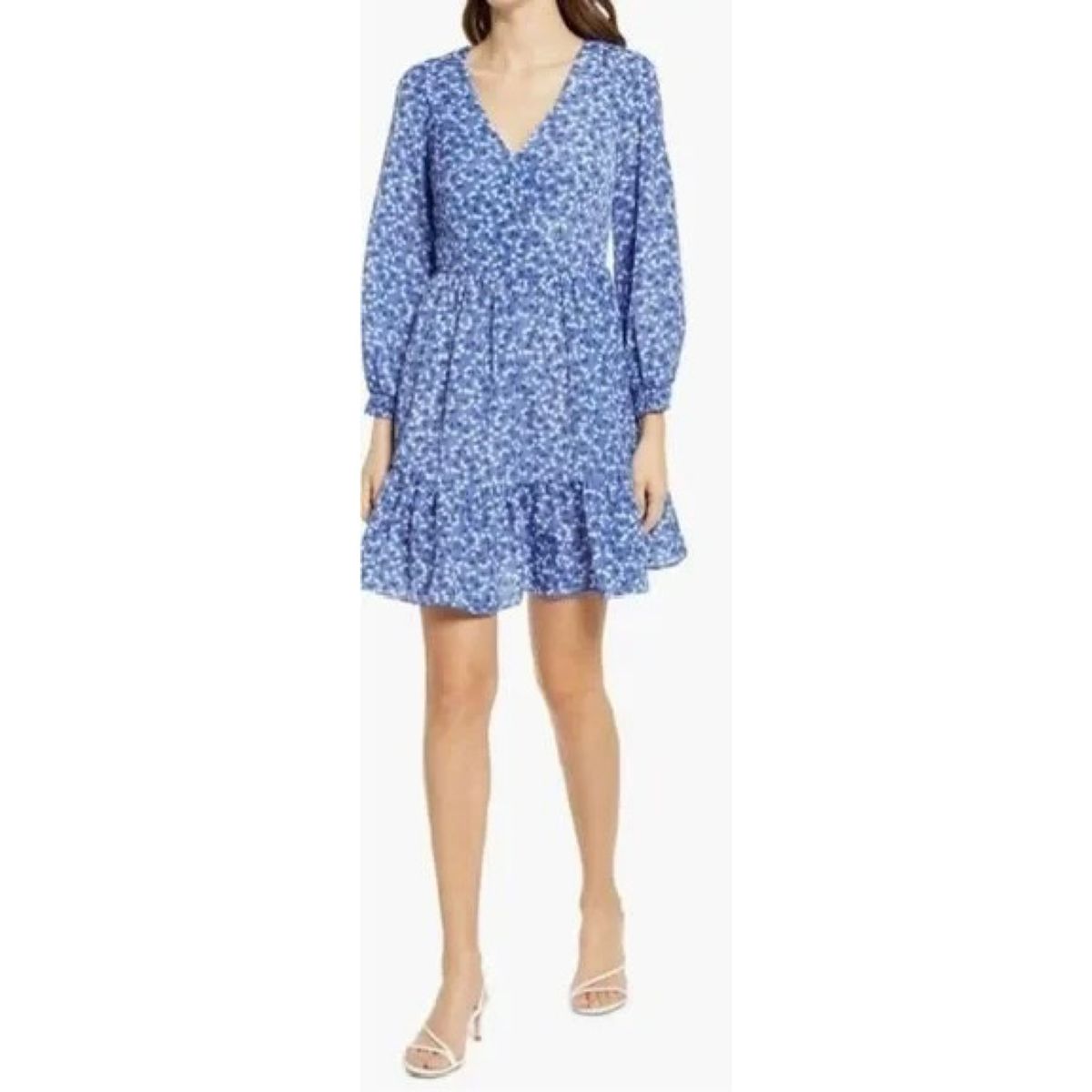 Eliza J Size 4 Long Sleeve Floral Blue A-line Dress on Queenly