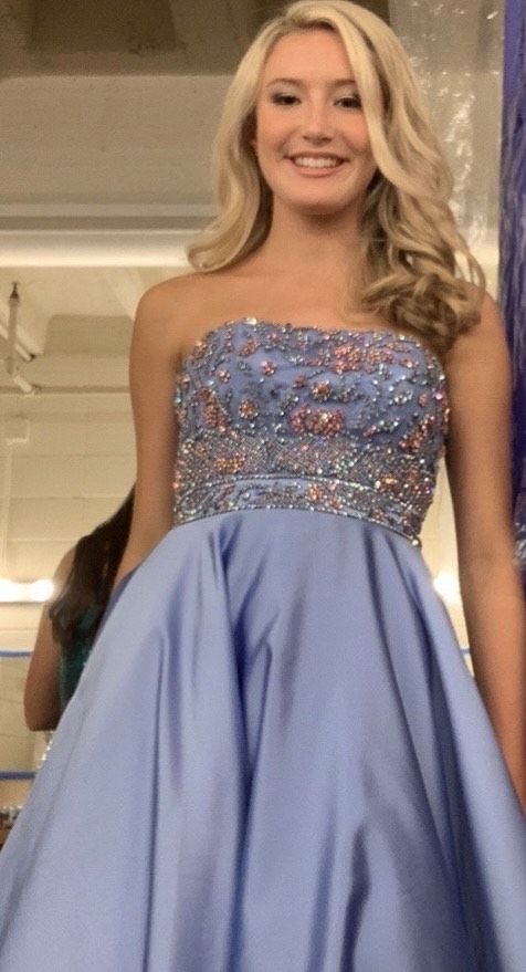 Style 54269 Sherri Hill Size 0 Prom Strapless Light Blue A-line Dress on Queenly