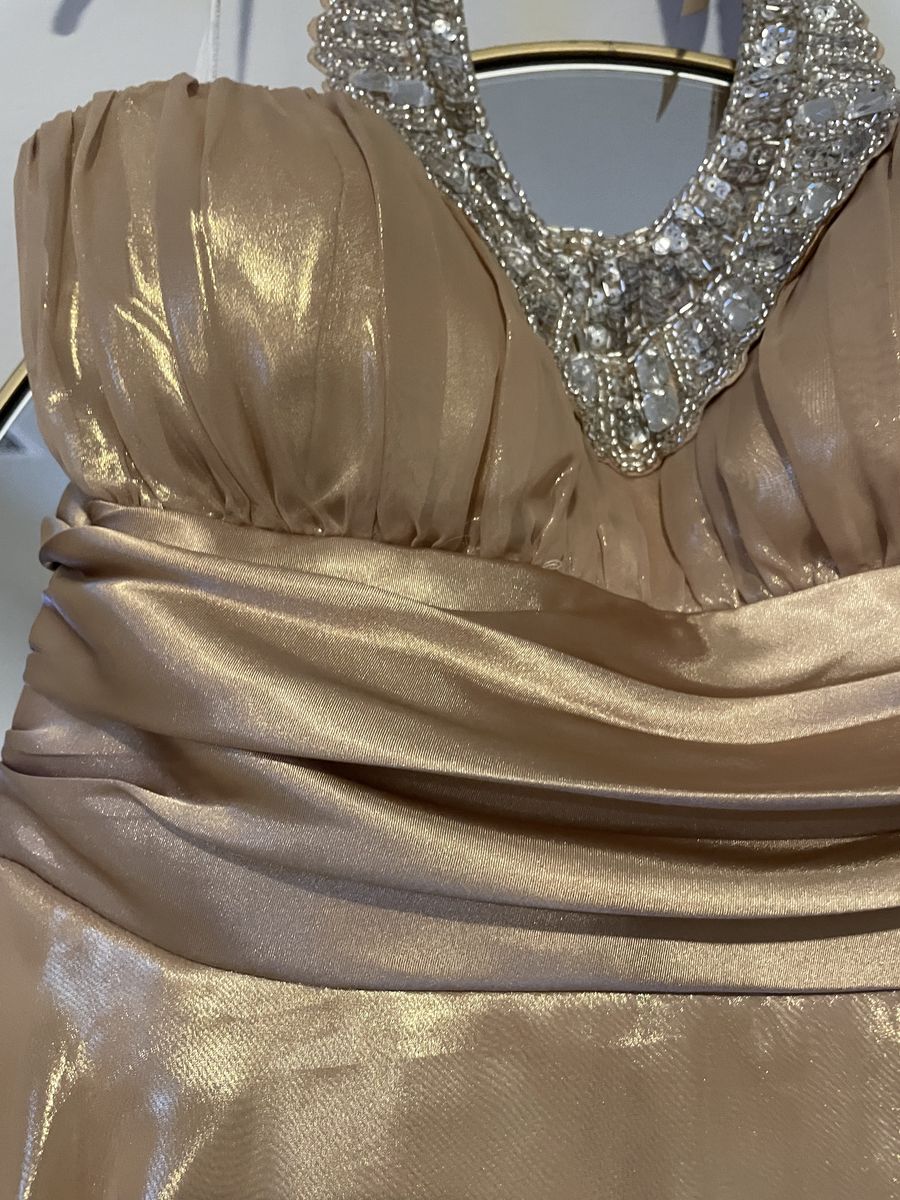 Size 12 Prom Halter Sequined Gold Dress With Train on Queenly