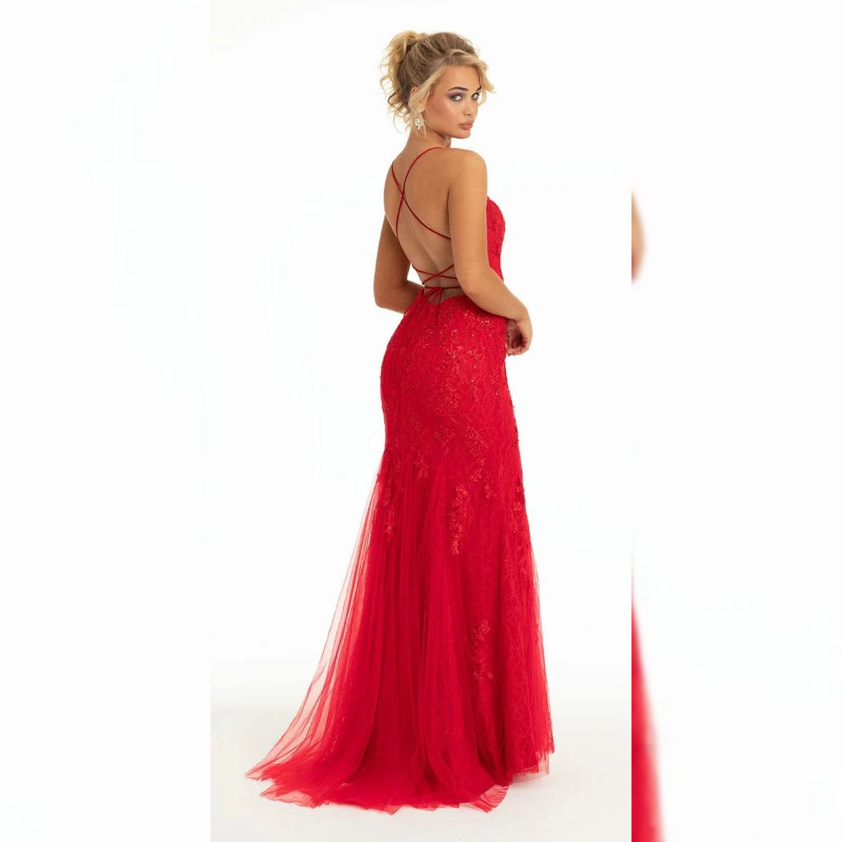 Style 67429 Camille La Vie Size 8 Lace Red Mermaid Dress on Queenly