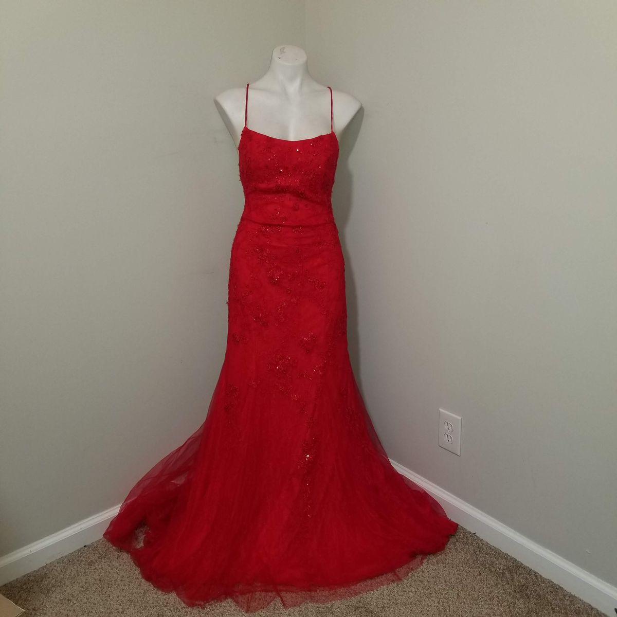 Style 67429 Camille La Vie Size 8 Lace Red Mermaid Dress on Queenly