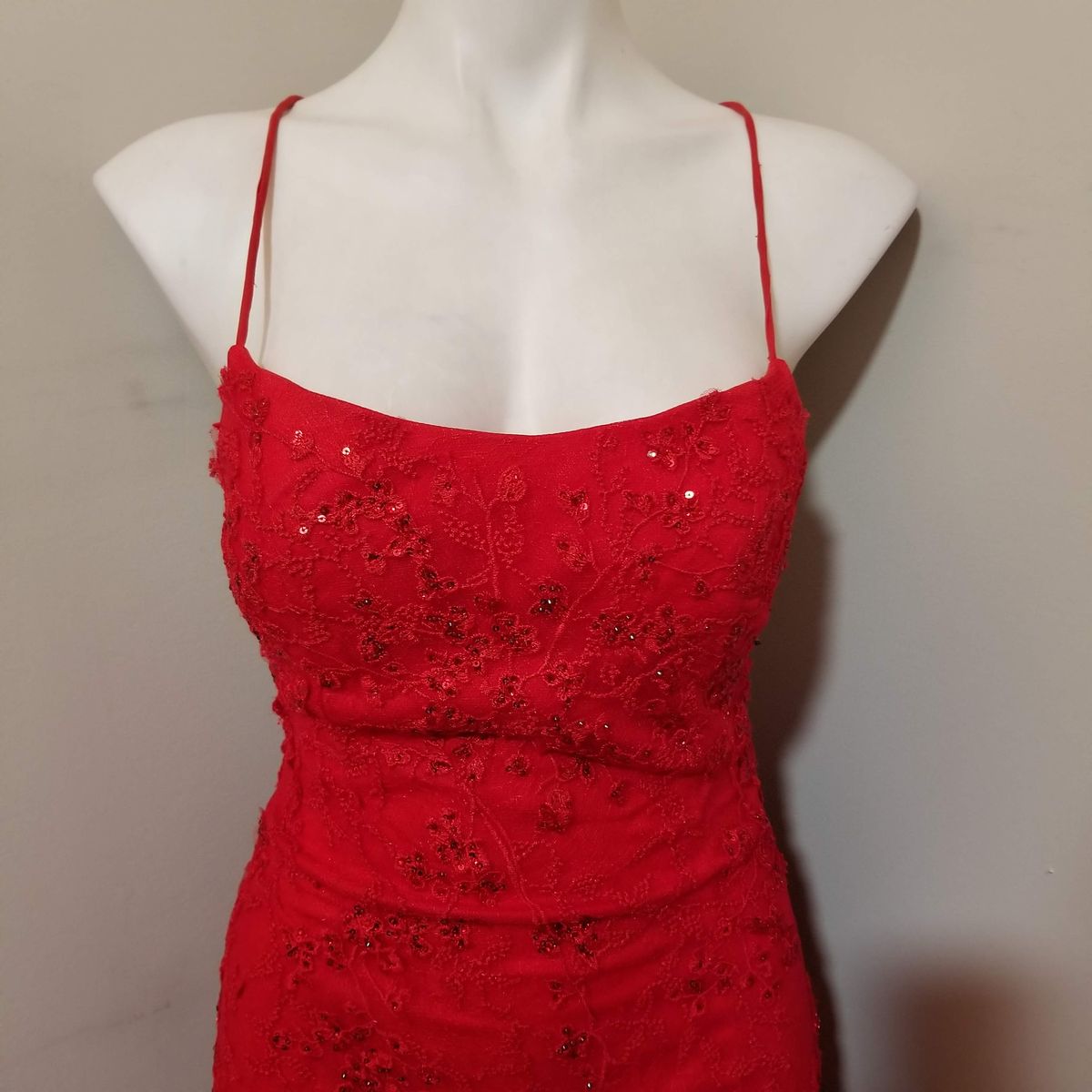 Style 67429 Camille La Vie Size 8 Lace Red Mermaid Dress on Queenly