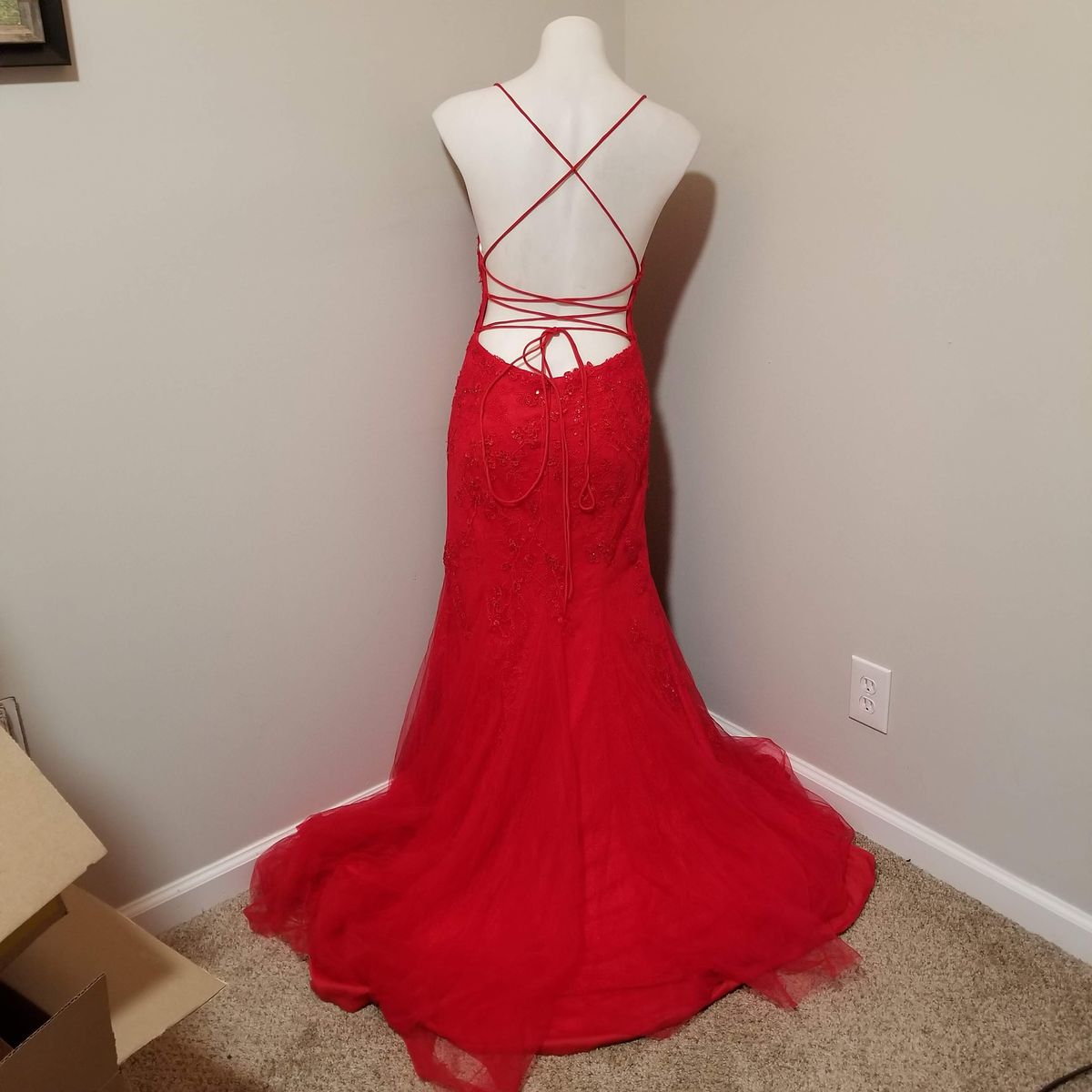 Style 67429 Camille La Vie Size 8 Lace Red Mermaid Dress on Queenly