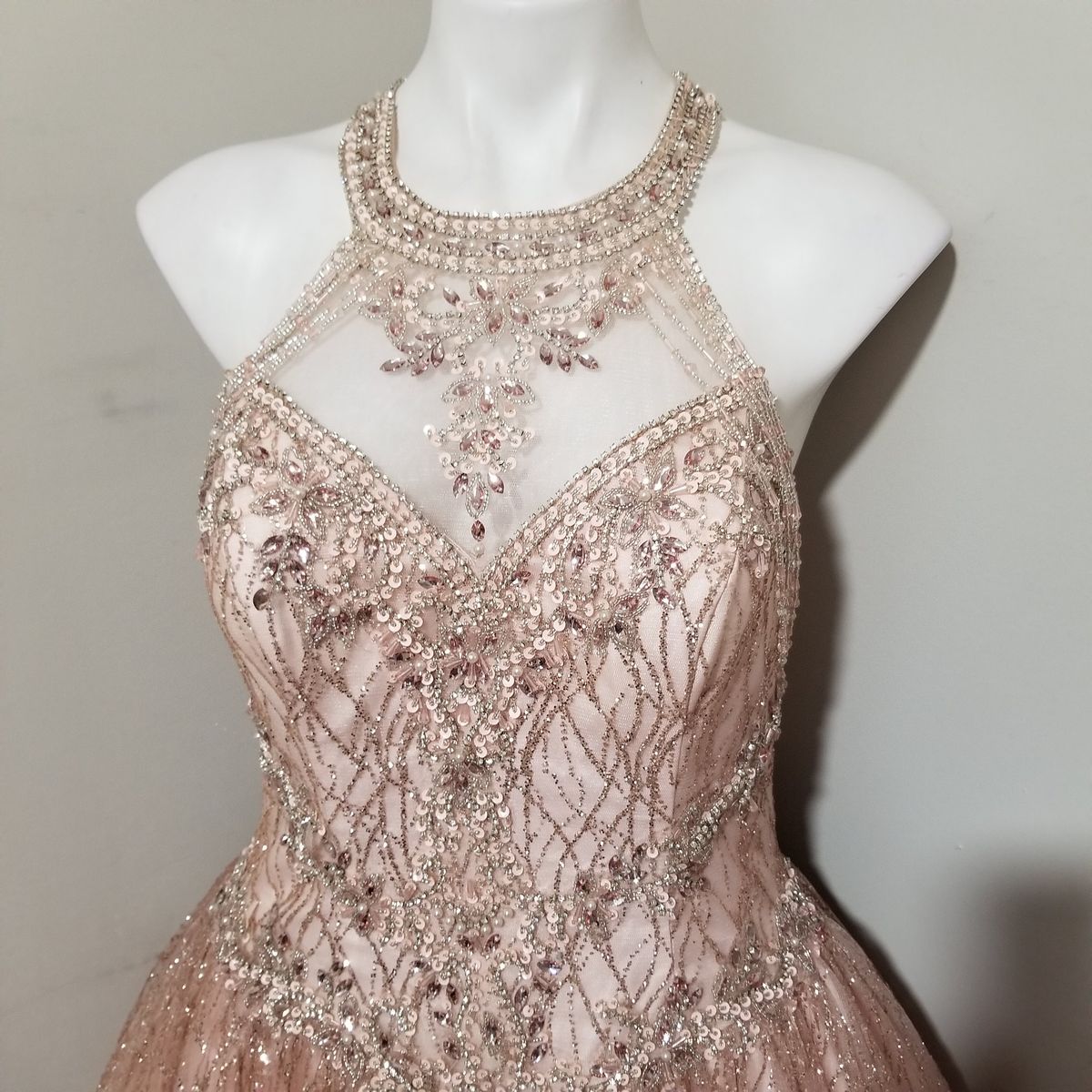 Style LK148 Layla K. Size 10 Halter Rose Gold Ball Gown on Queenly