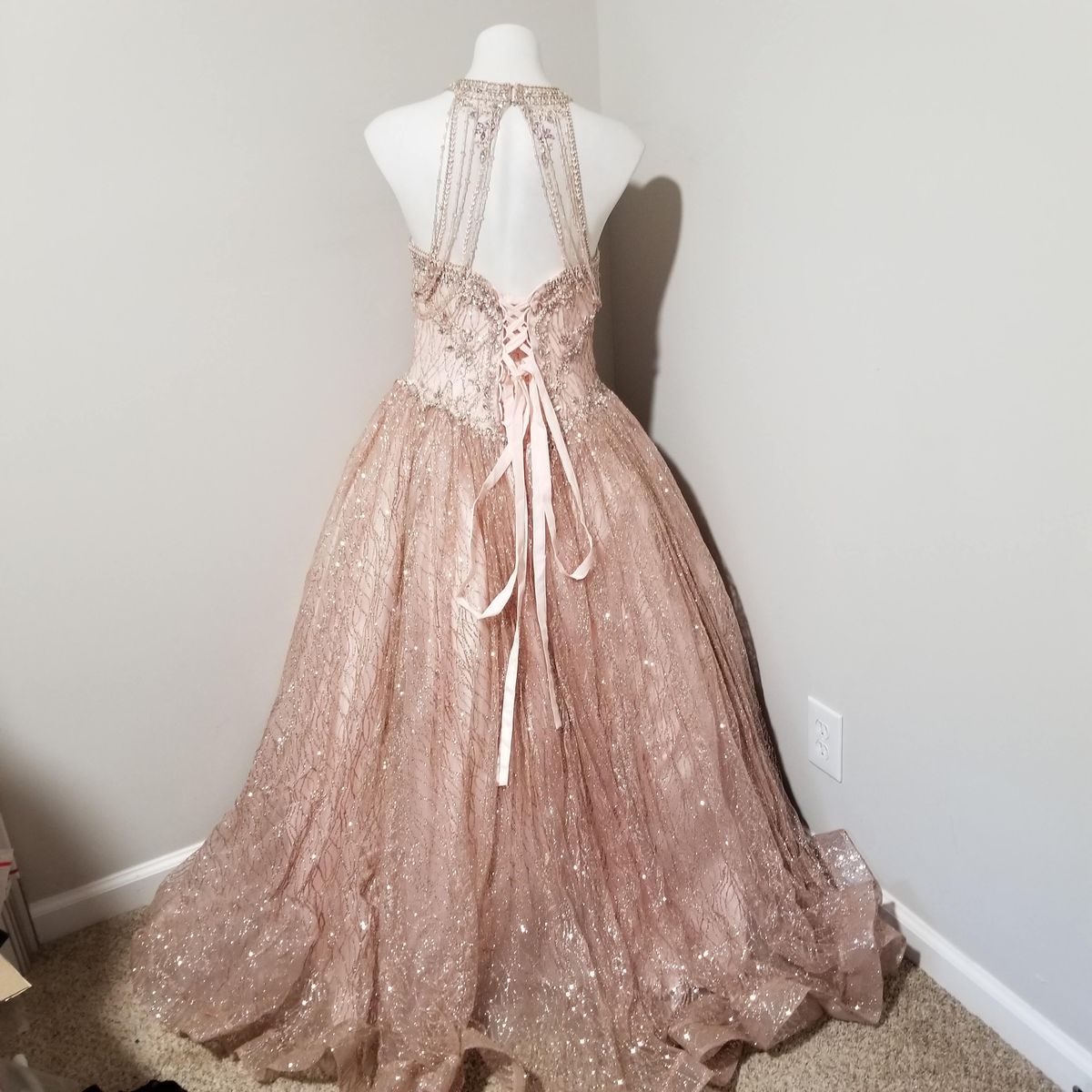 Style LK148 Layla K. Size 10 Halter Rose Gold Ball Gown on Queenly