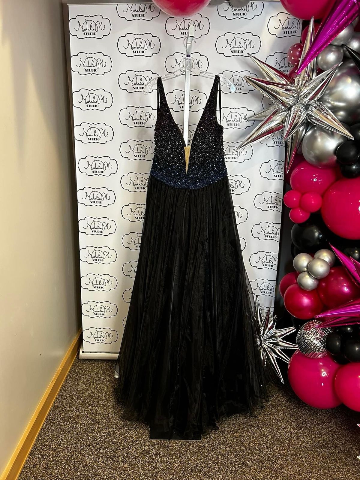 Style 55567 Sherri Hill Size 14 Plunge Sequined Black Ball Gown on Queenly