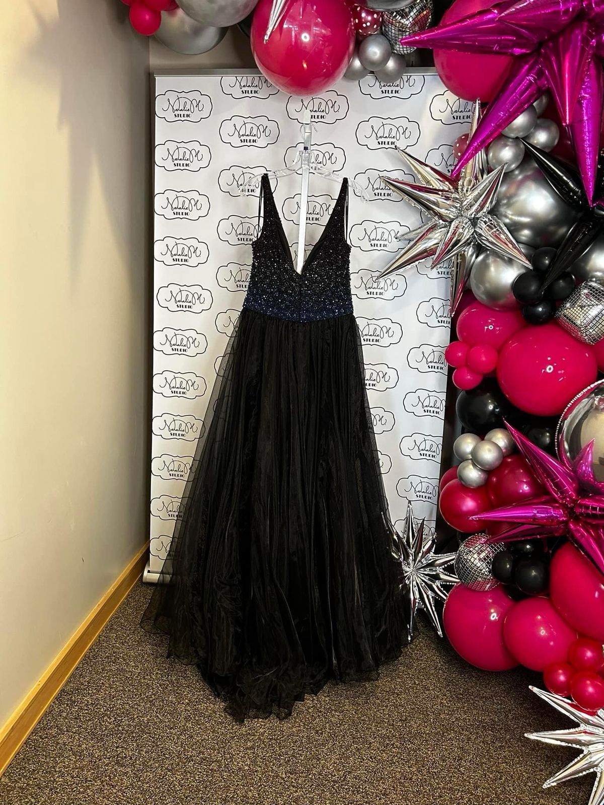 Style 55567 Sherri Hill Size 14 Plunge Sequined Black Ball Gown on Queenly