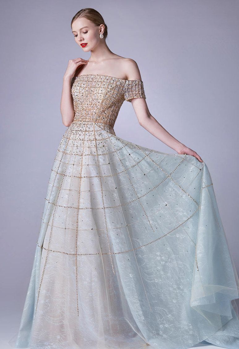 Style A0724 Champagne Andrea & Leo Couture Size 8 Prom Off The Shoulder Multicolor Ball Gown on Queenly