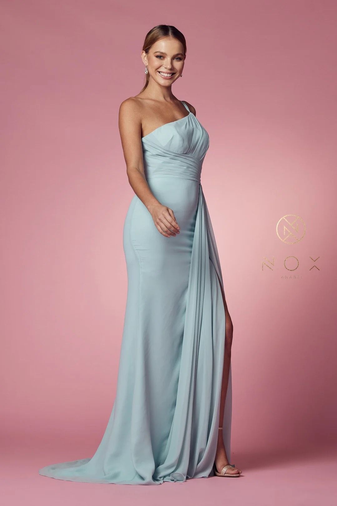 Style E1005 Sea Form Nox Anabel Size 12 Prom One Shoulder Blue A-line Dress on Queenly