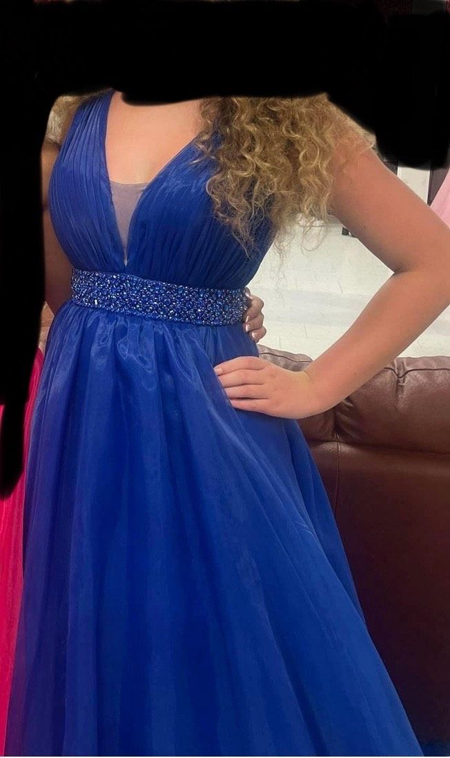 Ashley Lauren Size 6 Plunge Blue Ball Gown on Queenly