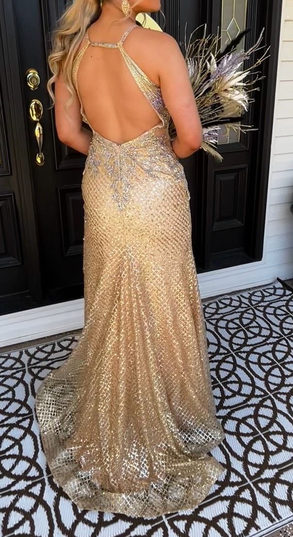 Style 7523 Jasz Couture Size 2 Halter Sheer Gold Mermaid Dress on Queenly