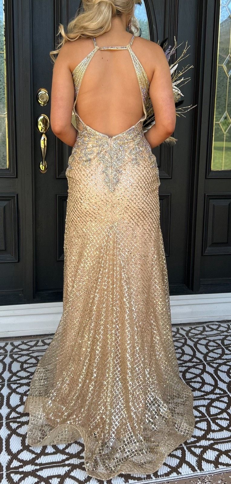 Style 7523 Jasz Couture Size 2 Halter Sheer Gold Mermaid Dress on Queenly