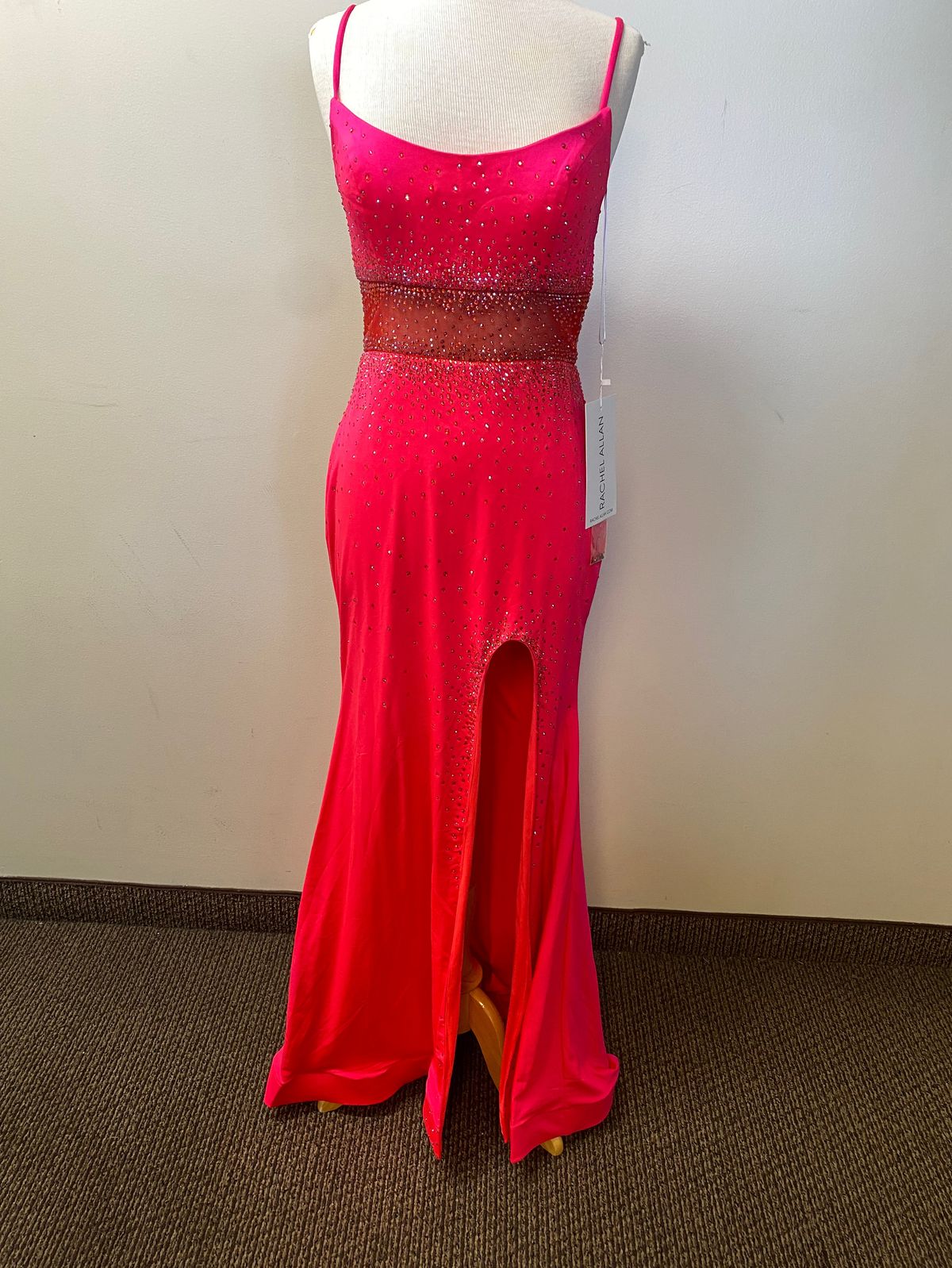 Style 70237 Rachel Allan Size 12 Sheer Red Side Slit Dress on Queenly