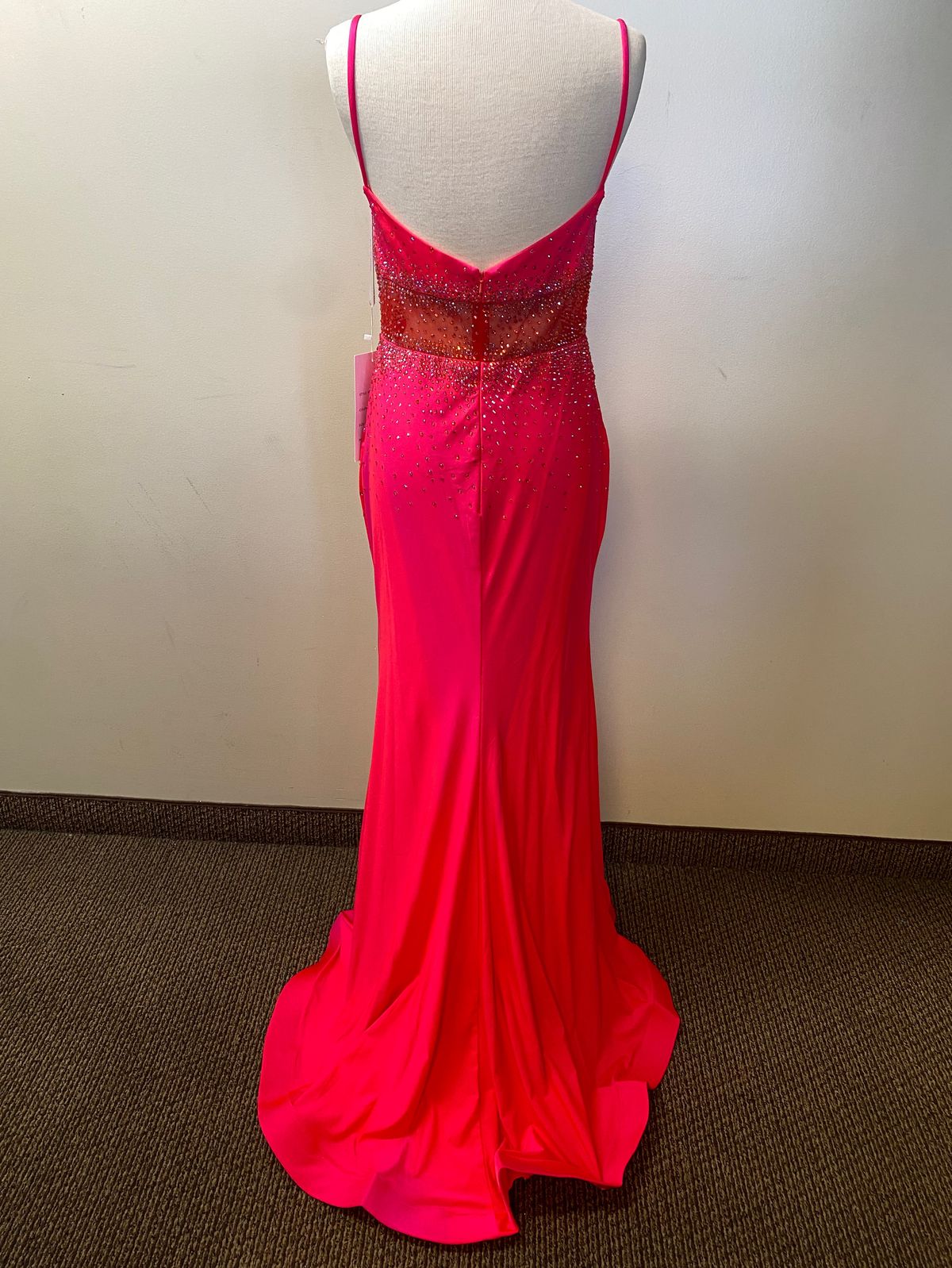 Style 70237 Rachel Allan Size 12 Sheer Red Side Slit Dress on Queenly