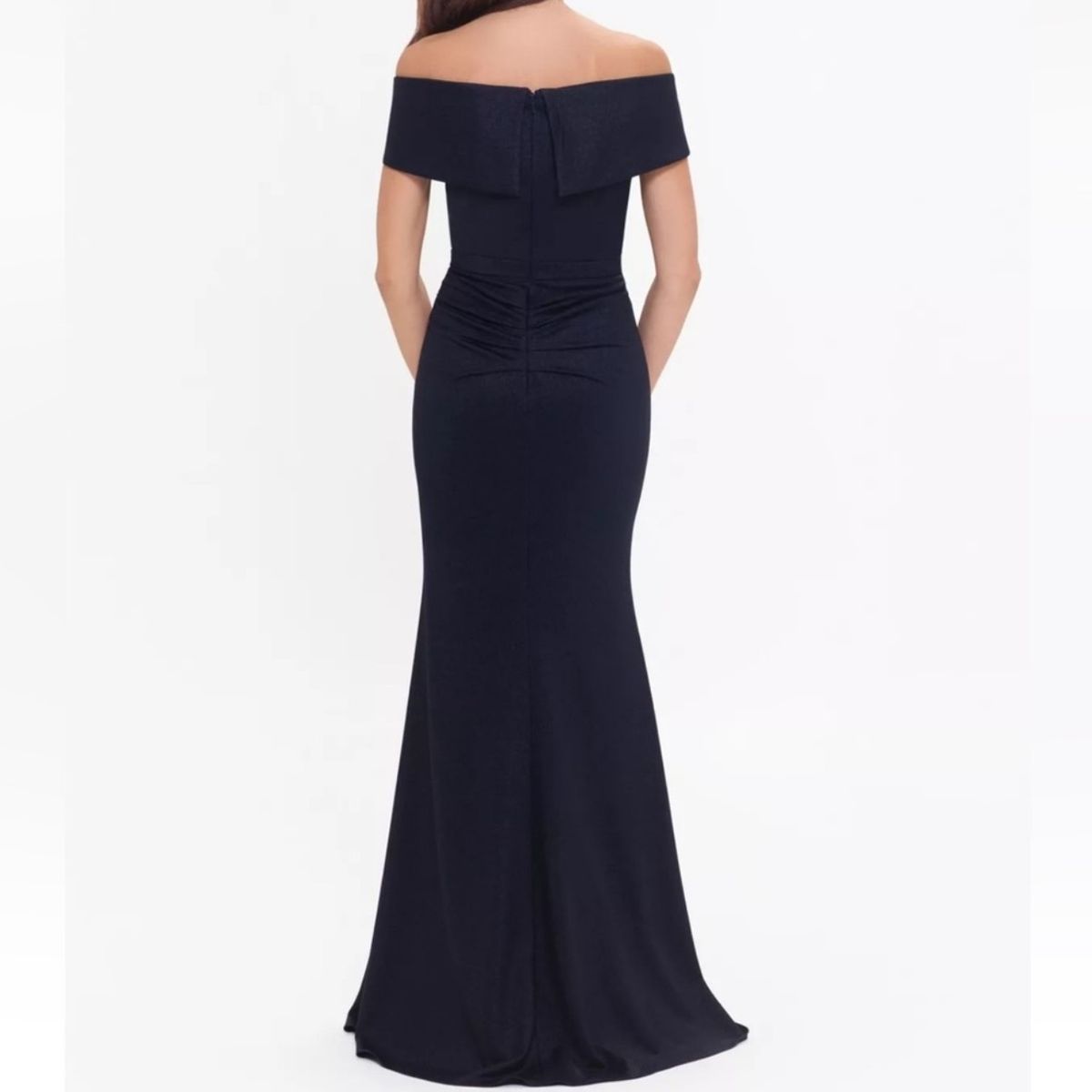 Style 3838X Xscape Size 10 Wedding Guest Off The Shoulder Navy Blue Mermaid Dress on Queenly