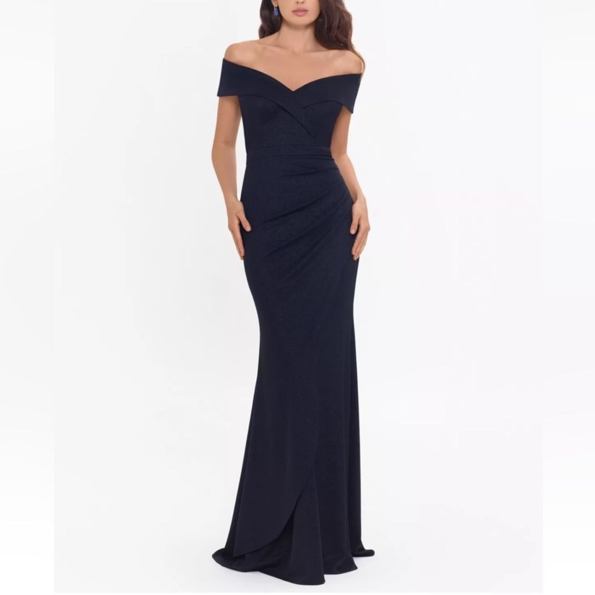 Style 3838X Xscape Size 10 Wedding Guest Off The Shoulder Navy Blue Mermaid Dress on Queenly