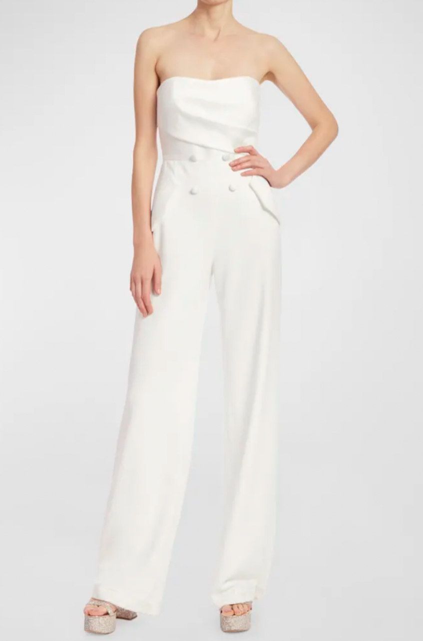 Style Strapless Double-Breasted Tuxedo Jumpsuit Badgley Mischka Size 4 Strapless White Formal Jumpsuit on Queenly