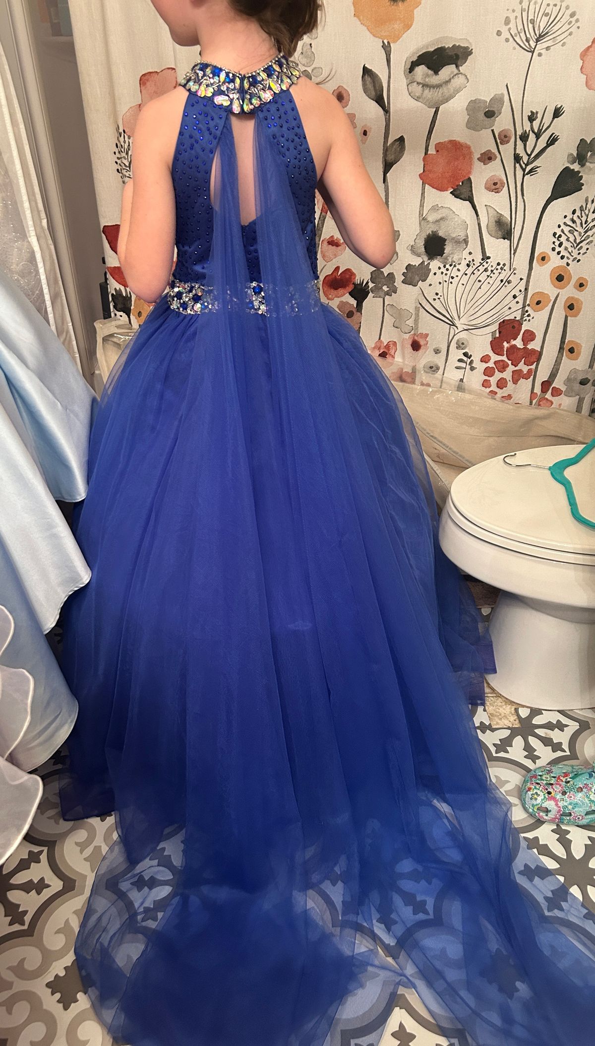 Girls Size 8 Pageant High Neck Blue Dress With Train on Queenly