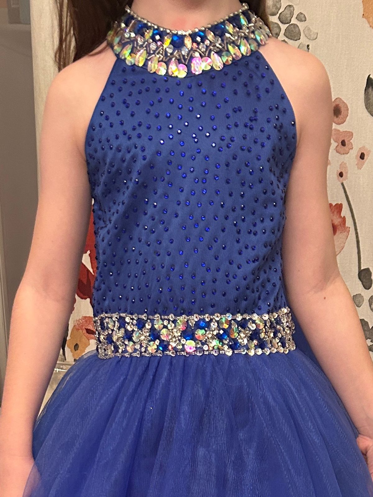 Girls Size 8 Pageant High Neck Blue Dress With Train on Queenly