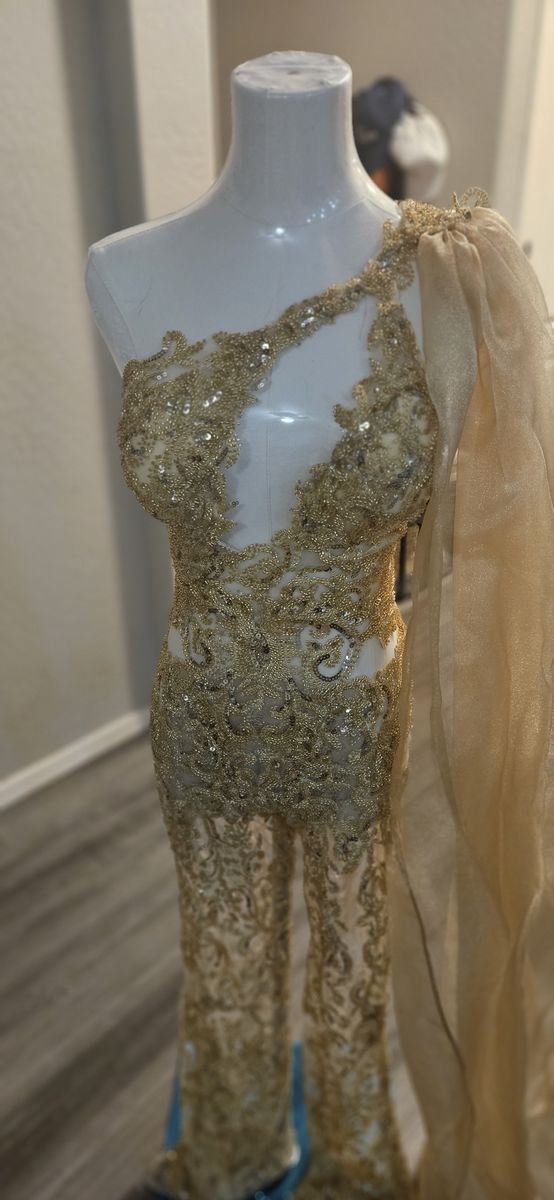 Size 2 Fun Fashion Sheer Gold Formal Jumpsuit on Queenly