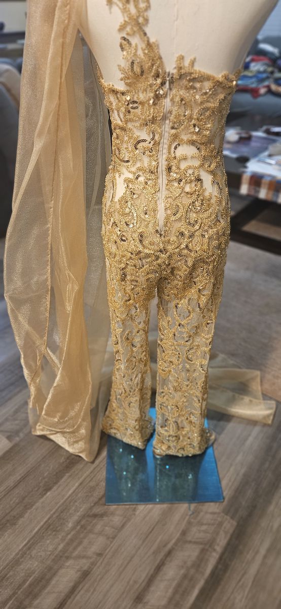 Size 2 Fun Fashion Sheer Gold Formal Jumpsuit on Queenly