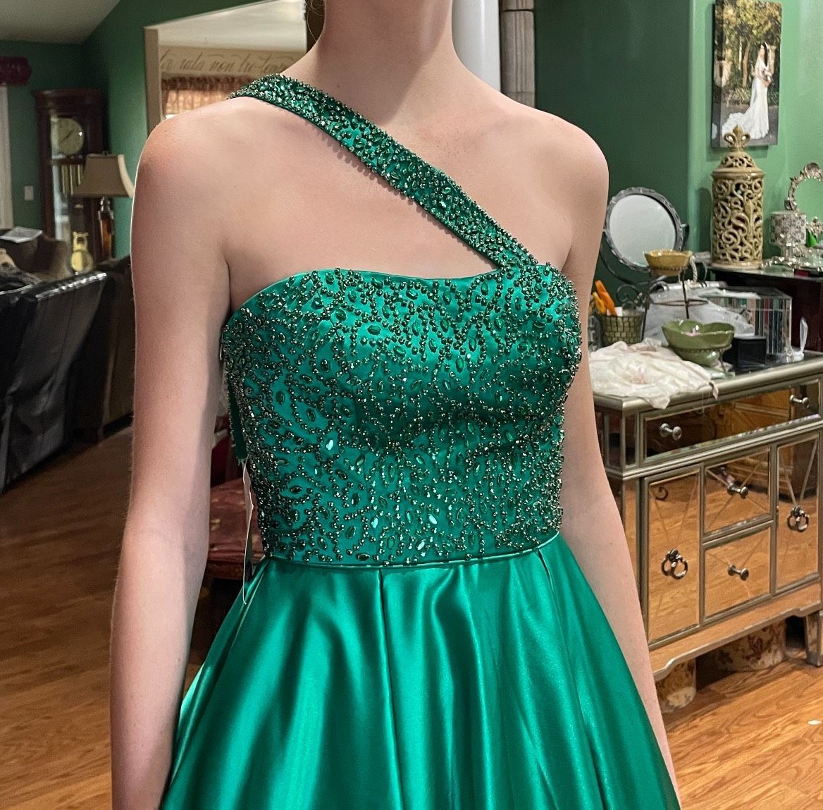 Style 51607 Sherri Hill Size 0 Pageant Halter Green Ball Gown on Queenly