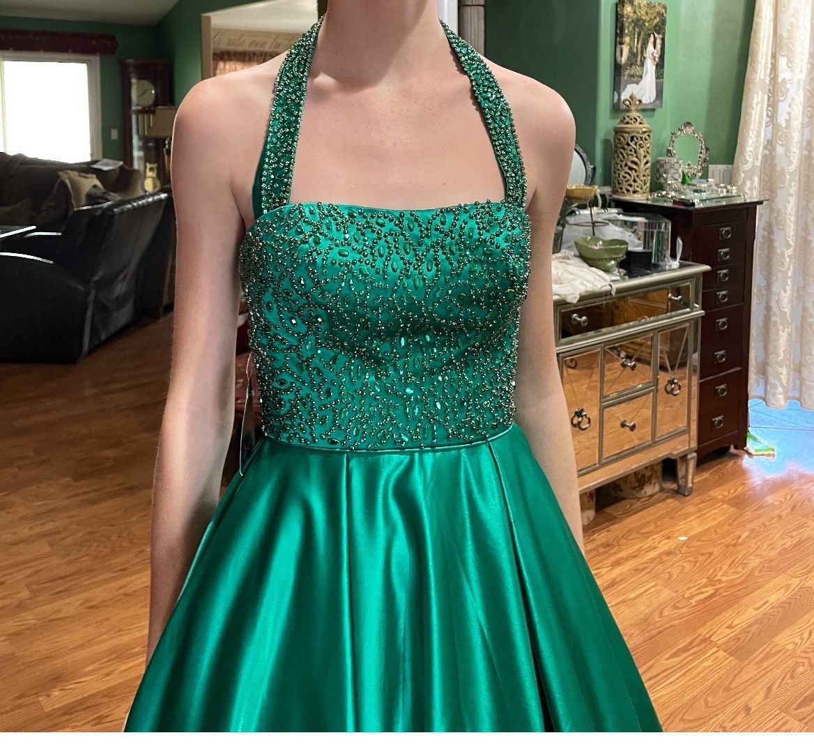 Style 51607 Sherri Hill Size 0 Pageant Halter Green Ball Gown on Queenly