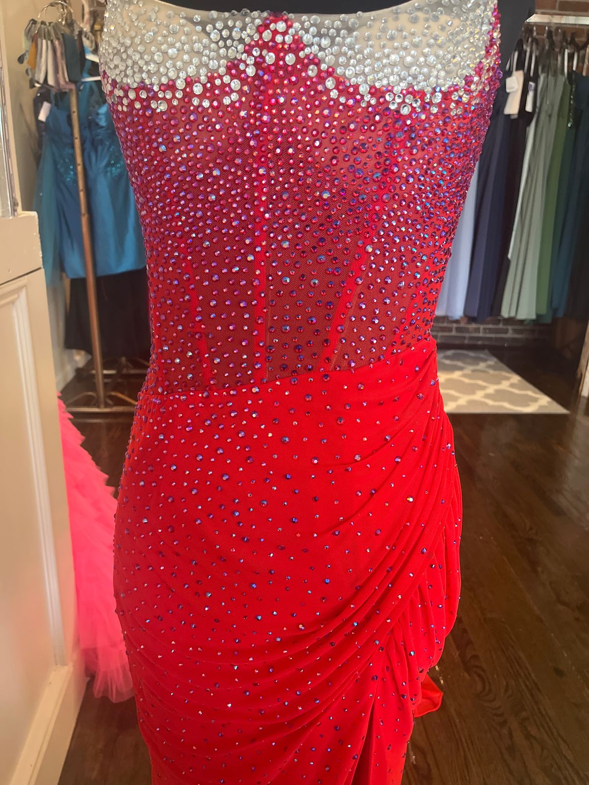 Style 11616 Ashley Lauren Size 8 Prom Sequined Red Side Slit Dress on Queenly