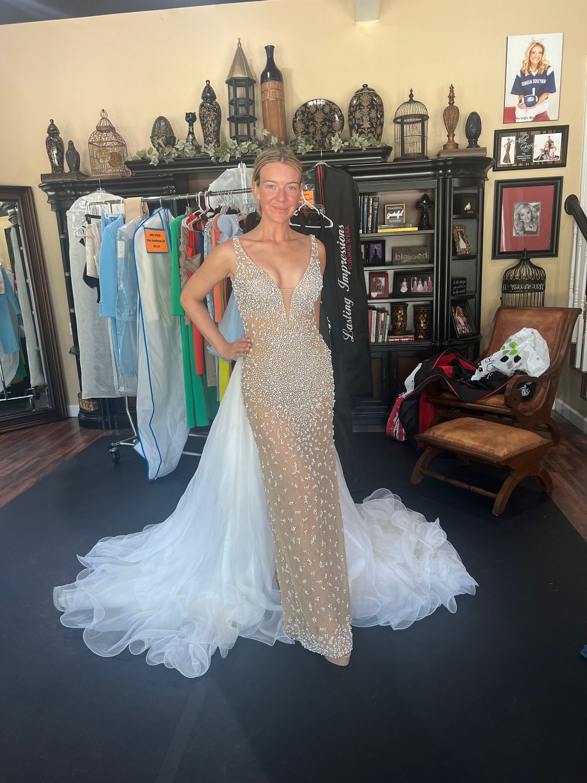 Style Custom Sherri Hill Size 2 Pageant Plunge Nude Floor Length Maxi on Queenly