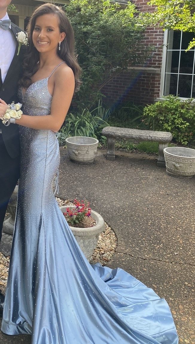 Sherri Hill Size 0 Plunge Light Blue Mermaid Dress on Queenly