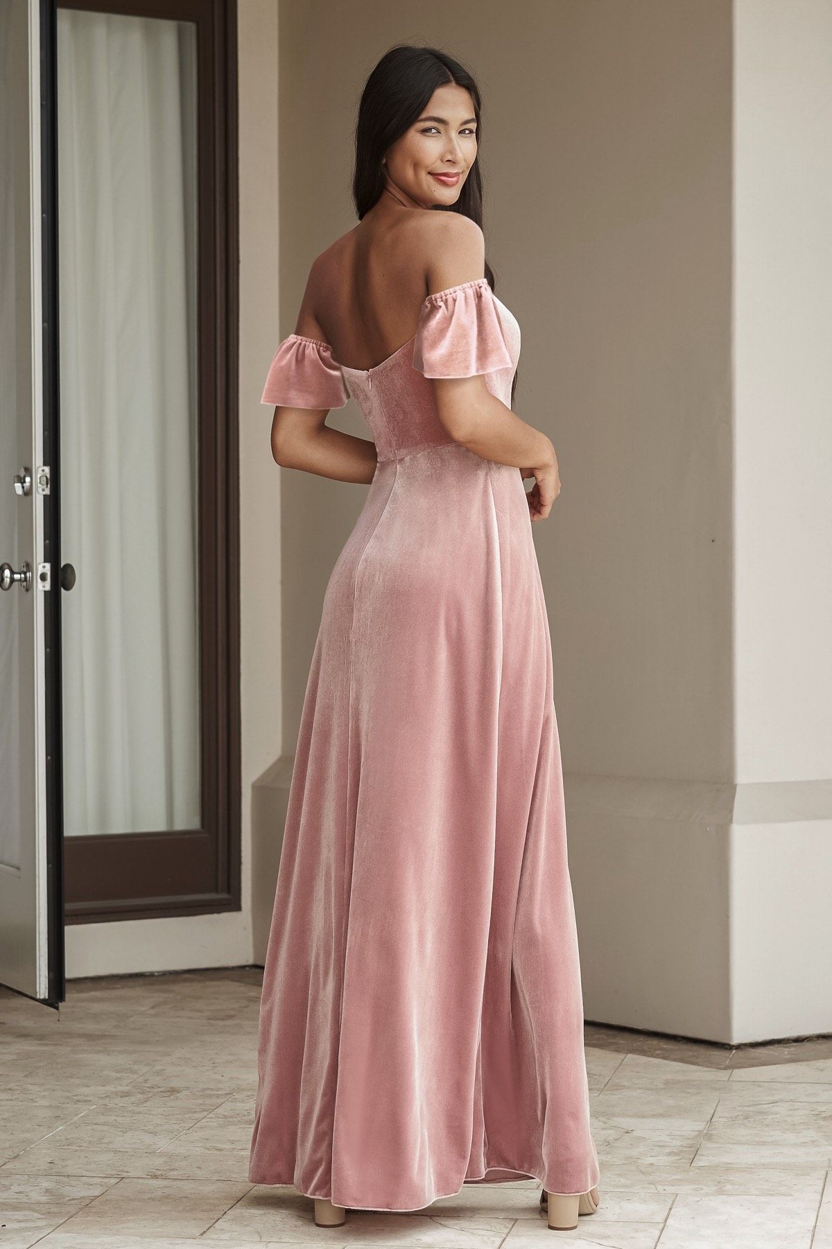 Style 43020 Jasmine Size 8 Bridesmaid Off The Shoulder Velvet Pink A-line Dress on Queenly