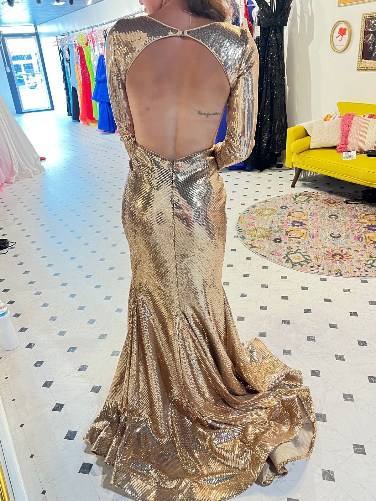 Style 39239 Ava Presley Size 4 Prom Long Sleeve Gold Side Slit Dress on Queenly