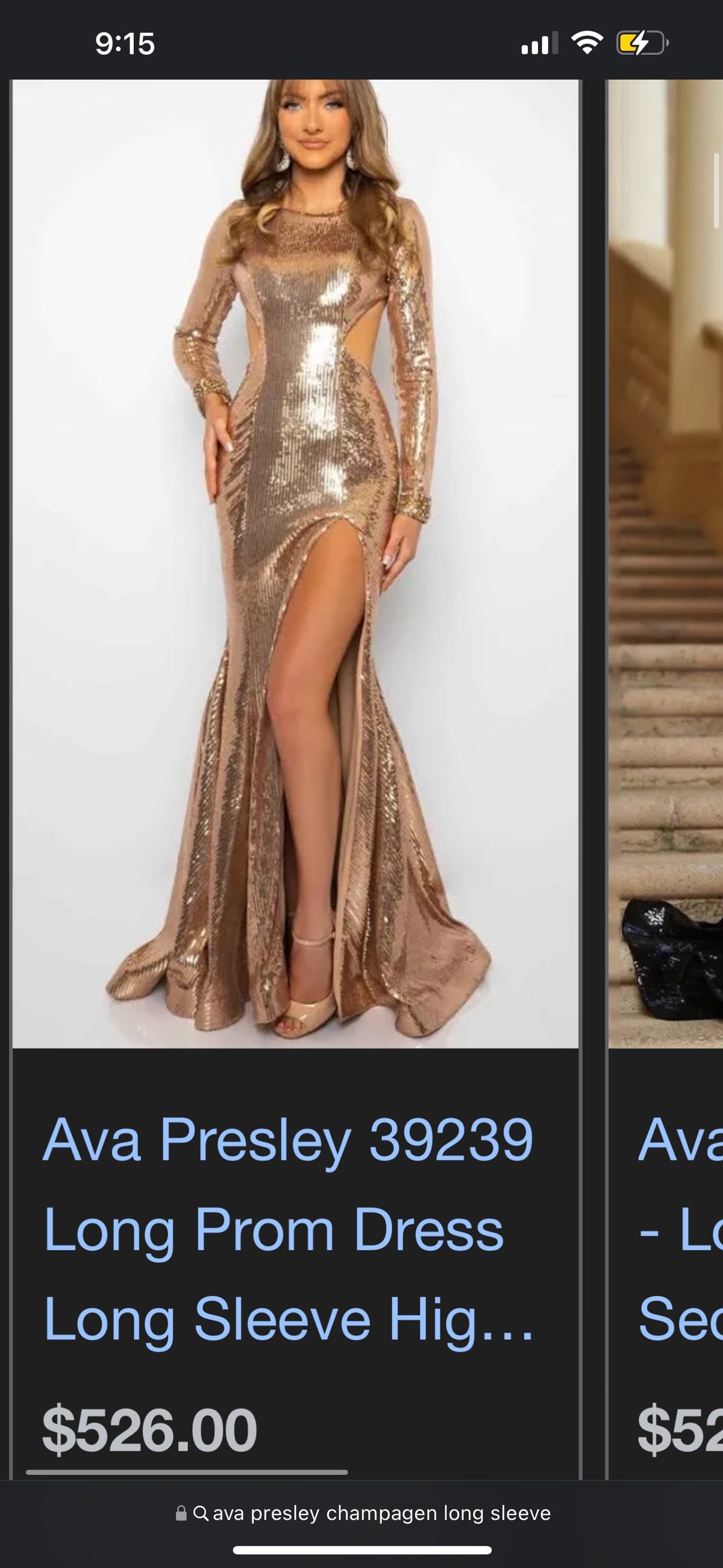 Style 39239 Ava Presley Size 4 Prom Long Sleeve Gold Side Slit Dress on Queenly