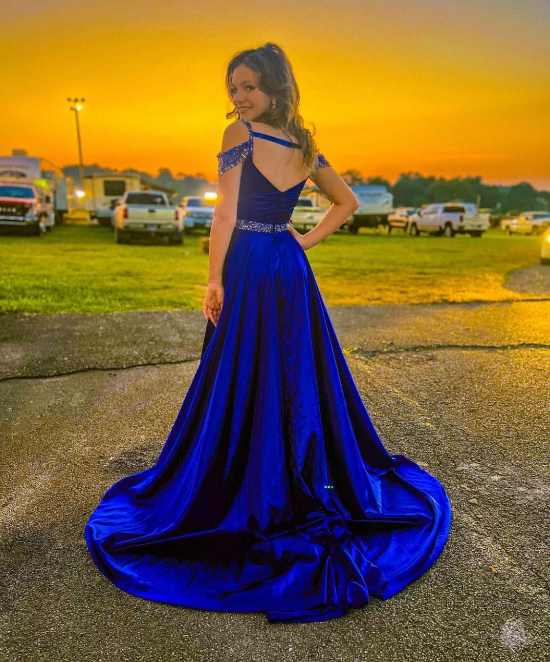 Sherri Hill Size 00 Prom Off The Shoulder Blue Side Slit Dress on Queenly