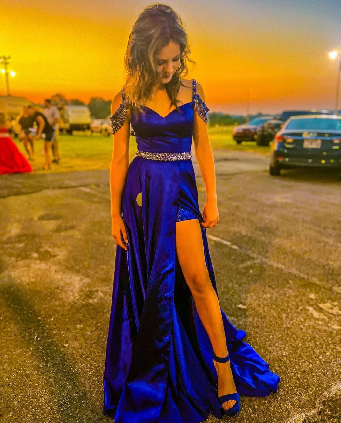 Sherri Hill Size 00 Prom Off The Shoulder Blue Side Slit Dress on Queenly