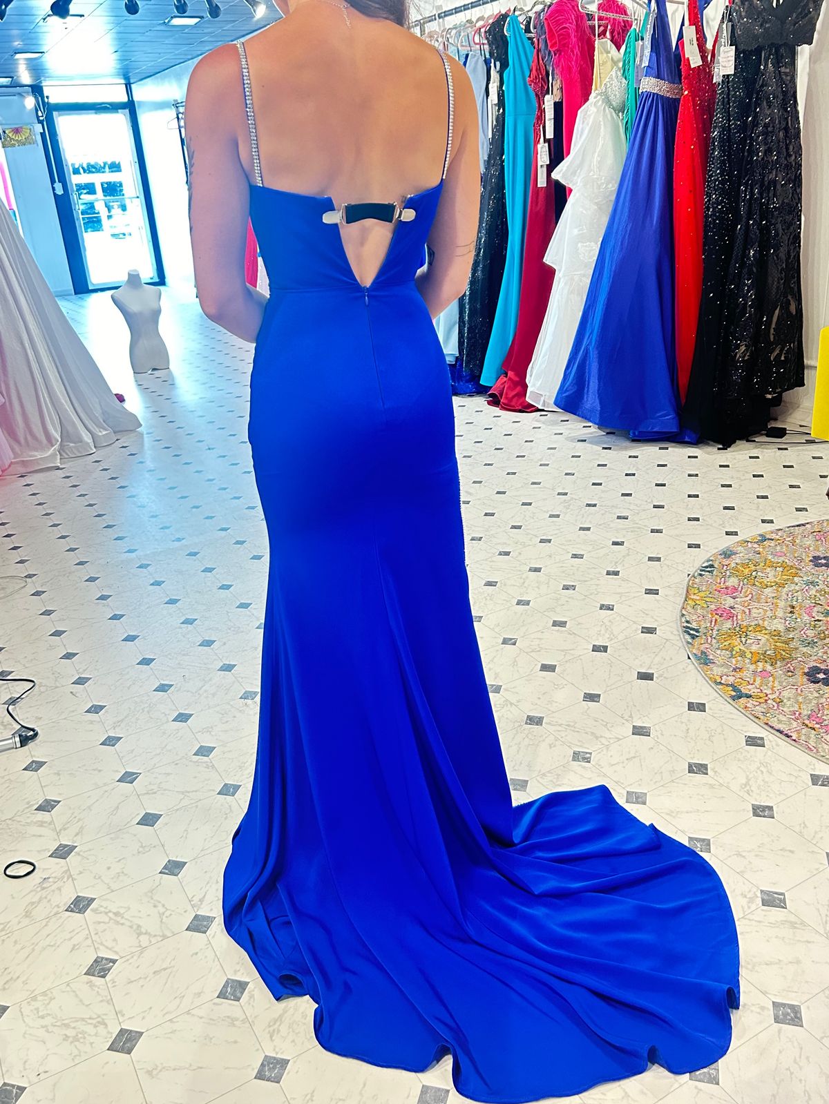 Style PS23219 Portia and Scarlett Size 00 Prom Plunge Royal Blue Side Slit Dress on Queenly