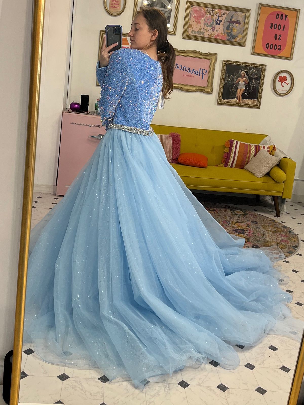 Style 38332 Ava Presley Plus Size 18 Prom Long Sleeve Light Blue Ball Gown on Queenly