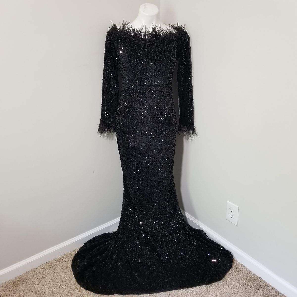 Style (Sz M, also fits S) Miss Ord Size 8 Pageant Off The Shoulder Velvet Black Mermaid Dress on Queenly