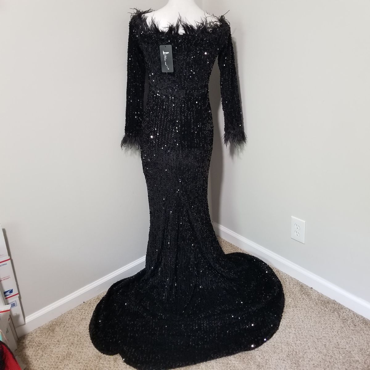 Style (Sz M, also fits S) Miss Ord Size 8 Pageant Off The Shoulder Velvet Black Mermaid Dress on Queenly