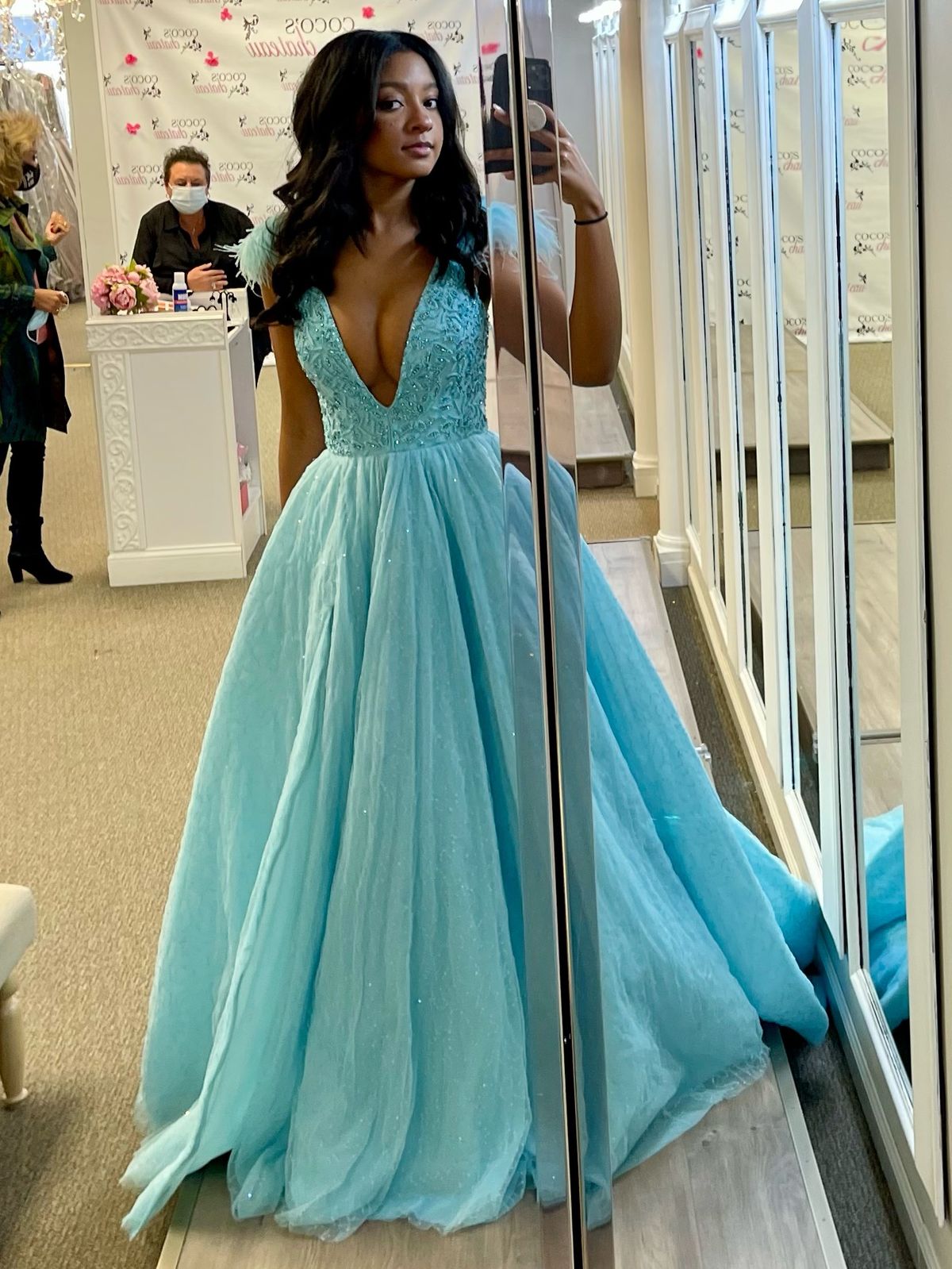 Style 54791 Sherri Hill Size 0 Pageant Plunge Blue Ball Gown on Queenly